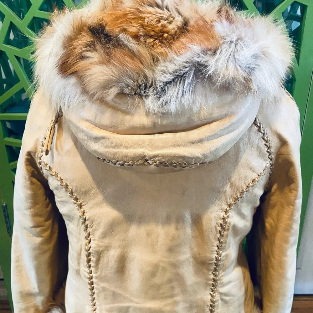 Fancy Hides for North Beach Leathers Hooded Fur Lined & Trimmed Leather Jacket